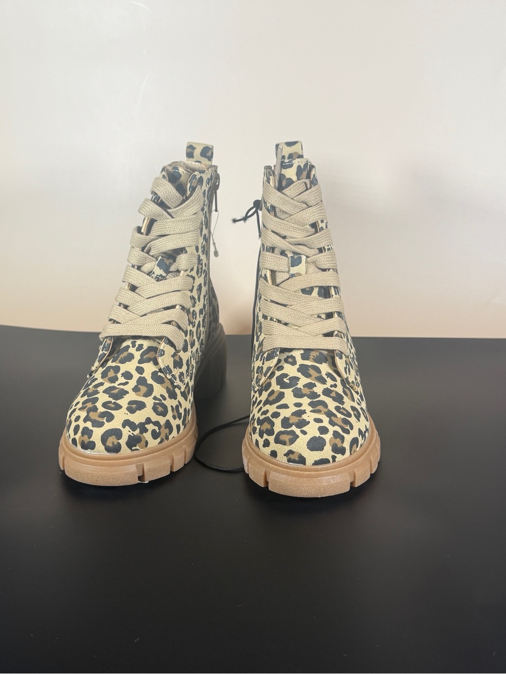 Leopard Print Lace-Up Combat Boots in Beige